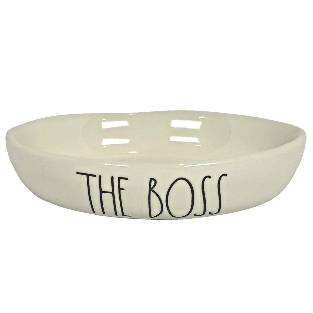 Rae Dunn THE BOSS Pet Bowl Dog Cat Dish Ceramic Ivory Magenta Artisan